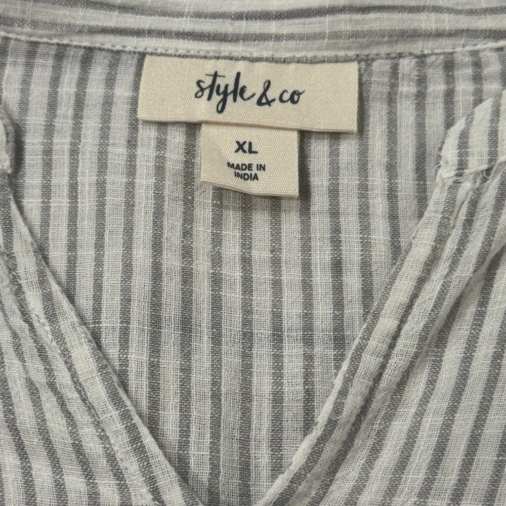 Style & Co. Gray Striped Blouse with Yellow and Charcoal Floral Embroidery